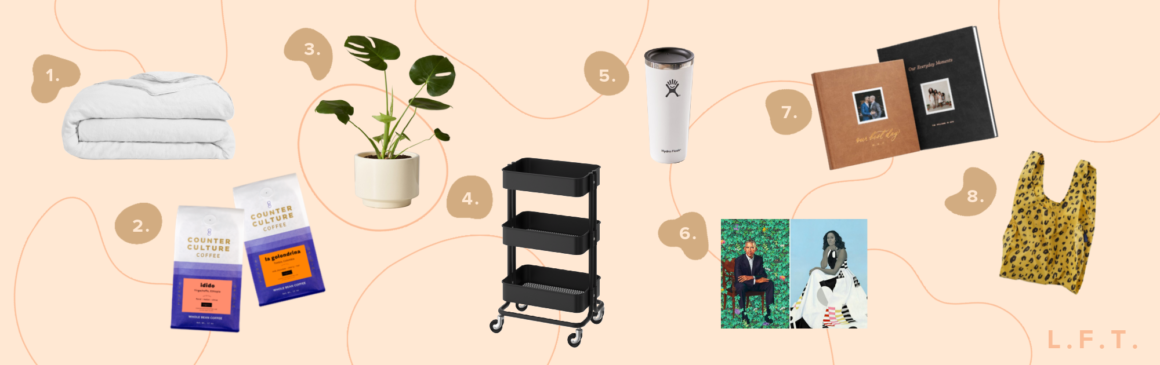 Compilation image with eight items. 1 - linen duvet cover. 2 - counter culture coffee. 3 - monstera plant. 4 - three tiered rolling cart. 5 - hydro flask tumbler. 6 - Obama portraits. 7 - artifact uprising photo books. 8 - leopard print baggu reusable bag.