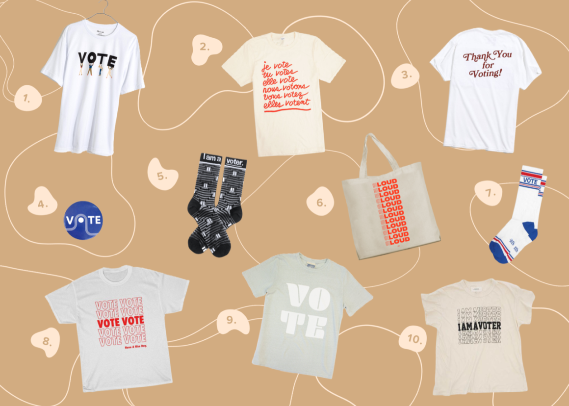 Collage of 10 various clothing items and accessories related to voting